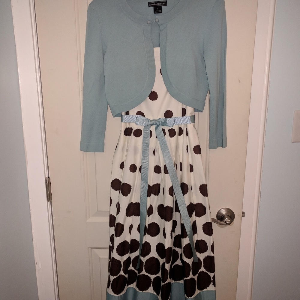 Jessica Howard Dress w Cardigan Cream Polka Dots